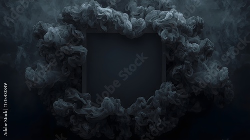 Dark mysterious frame design with dramatic black smoke clouds swirling around an empty square center, creating a moody abstract background for banners, posters, or presentations