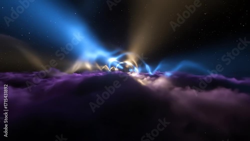 A seamlessly looping video of abstract volumetric light rays piercing through a dark deep space fog, creating a mystical atmosphere dreamy, deep, fluid