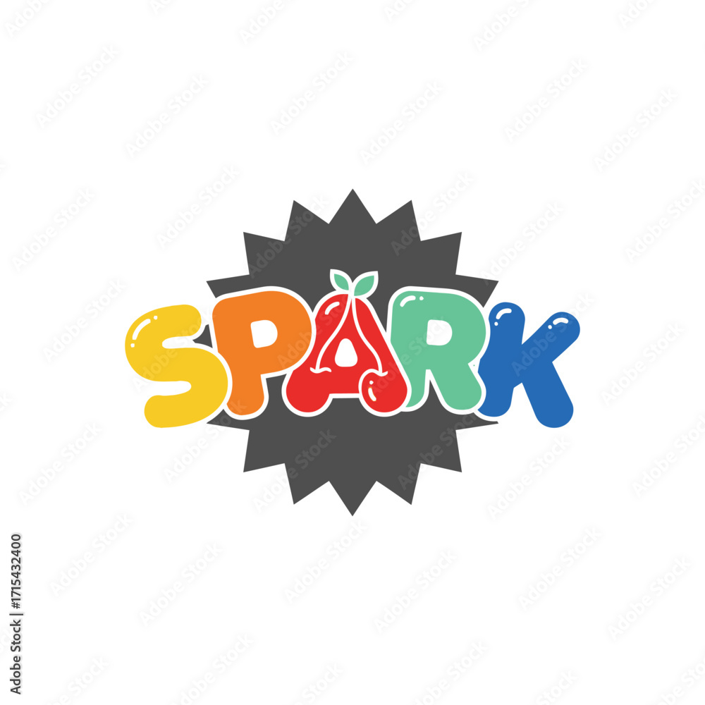 Fototapeta premium Colorful Spark Logo Design with Cherry Icon and Starburst.