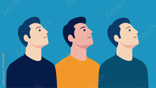 Diverse group of men looking upwards with hope