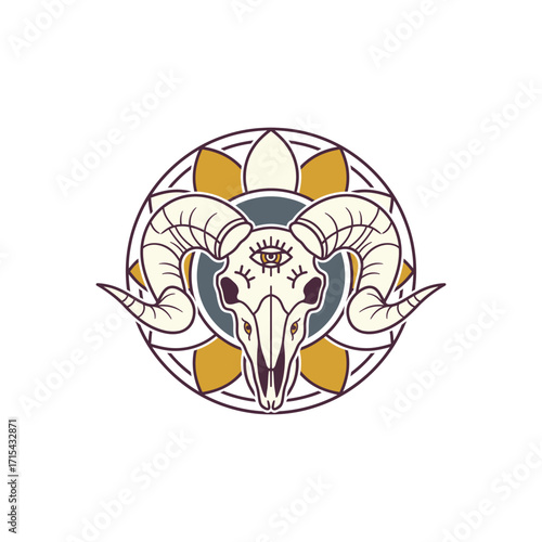Ram Skull with Third Eye in Geometric Mandala.