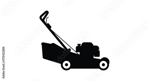A simple black silhouette illustration of a gasoline powered lawn mower