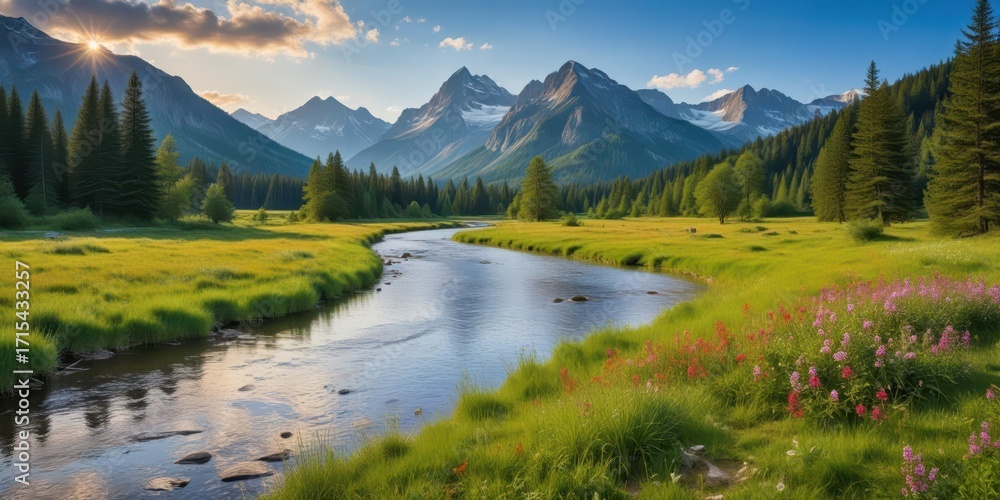 Fototapeta premium A serene river flows gently through a lush meadow surrounded by towering mountains and vibrant wildflowers, serene, water