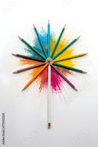 Creative explosion of colorful pencils forming a starburst shape with splashes of vibrant paint on white background, symbolizing art, design, imagination, creativity, and education