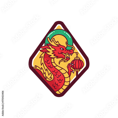 Red Chinese Dragon Holding Lantern Illustration.