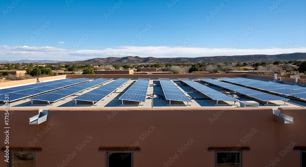 Fototapeta premium ​A building with solar panels on its flat roof under a blue sky in a high desert landscape