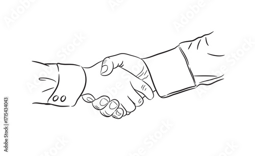 Line drawing, focus on the arms of businessmen shaking hands.