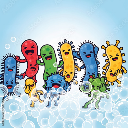 A cheerful group of colorful cartoon bacteria and virus characters playing happily together in soap bubbles.