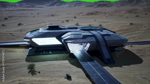 Futuristic transport hub sits atop a desert landscape.