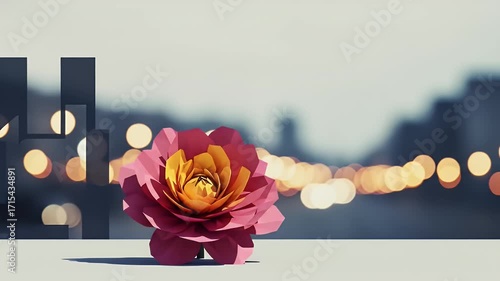 A stylized flower design in front of a cityscape silhouette, capturing a modern, artistic aesthetic.