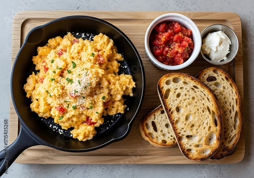 Scrambled Eggs with Tomatoes and Cheese in Skillet with Bread Keywords: breakfast, scrambled