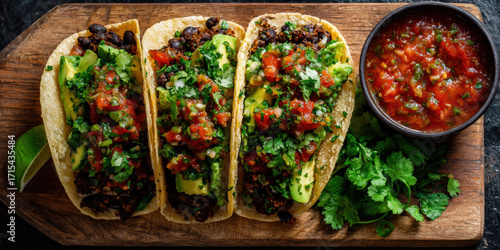 Three vegan black bean tacos with avocado salsa and fresh cilantro are served wooden board, accompanied by bowl of tomato salsa. vibrant colors and fresh ingredients create appetizing presentation