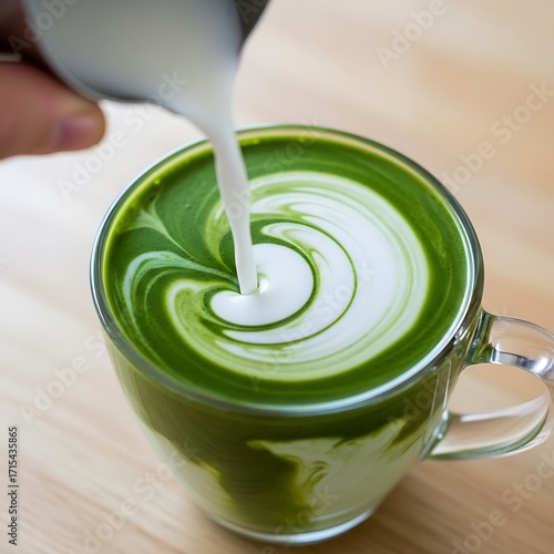 Wallpaper Mural Creamy matcha latte art is being poured into a glass cup. Torontodigital.ca