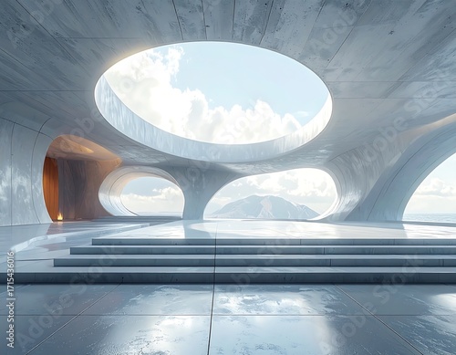 A spacious, modern architectural interior with smooth concrete walls and large, arched windows showcasing a scenic mountain vista.