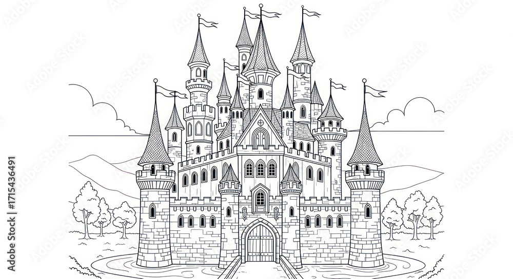 Fototapeta premium Black and white castle drawing