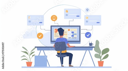 Illustration of a person working at a computer with connected interface elements around the screen
