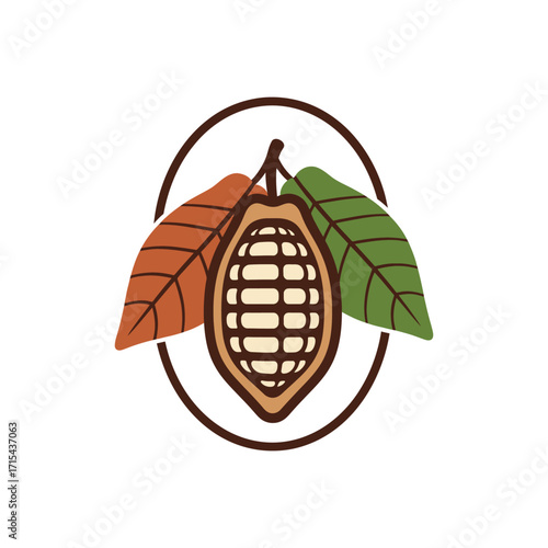 Cocoa bean illustration with leaves and a circle design.