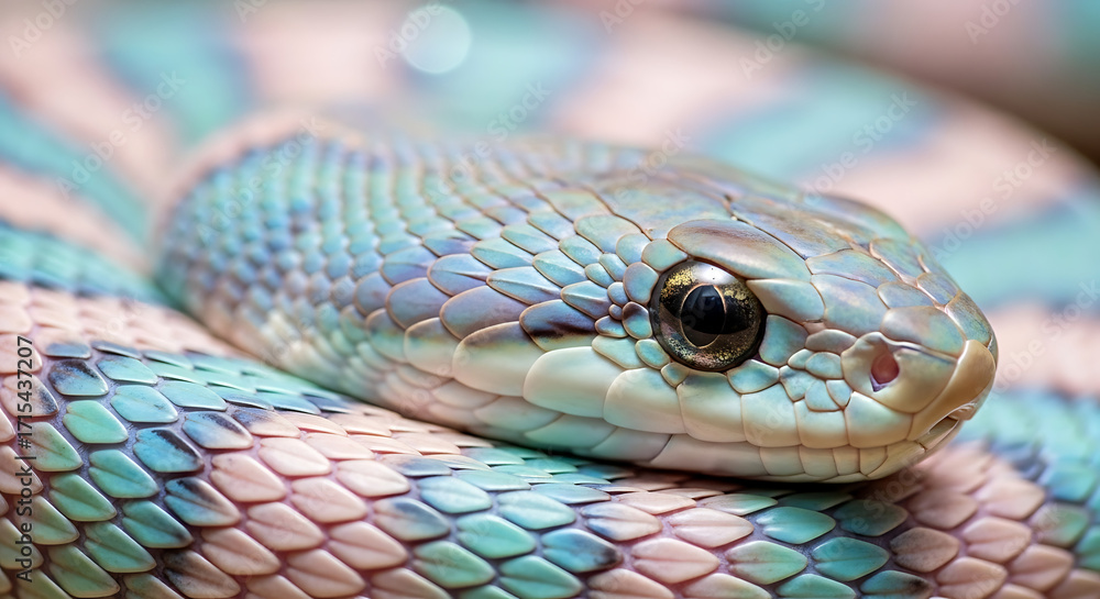 Fototapeta premium Close-up of a vibrant, coiled snake with iridescent blue, green, and pink scales, focused on its head and eye.