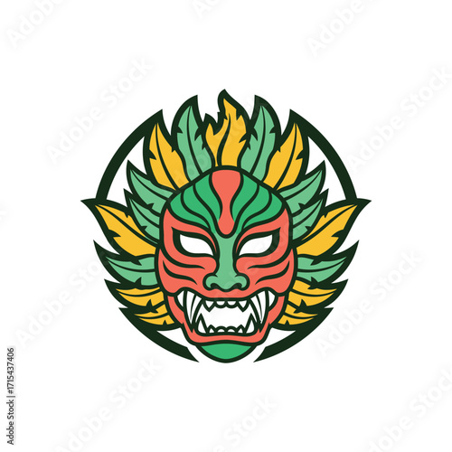 Fierce Tribal Mask with Colorful Feathers Illustration.