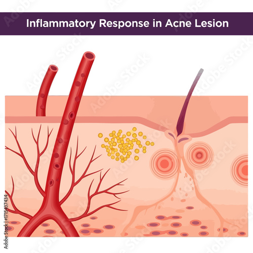Detailed illustration of acne lesion showing inflammatory response in skin layers for medical use