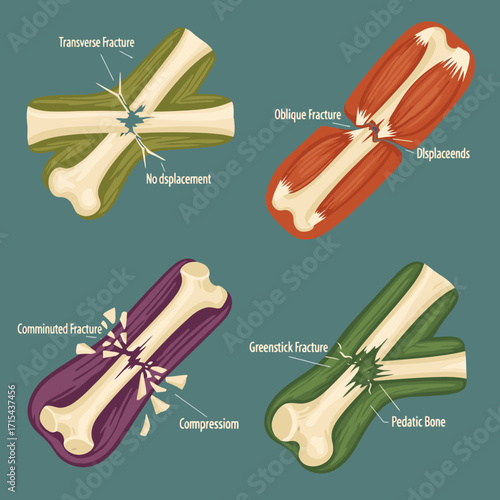 Detailed anatomical illustration of bone fractures including transverse, oblique, and comminuted types