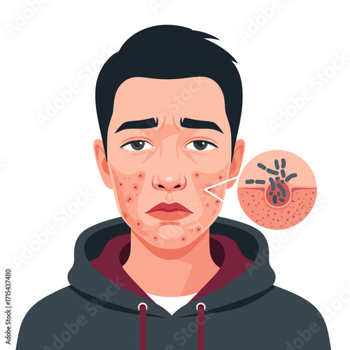 Young man with acne and skin inflammation, medical illustration of a skin condition