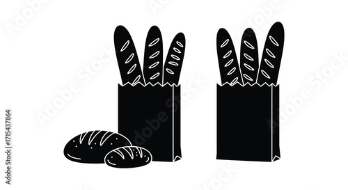 Black and white illustration featuring baguettes in paper bags and round bread