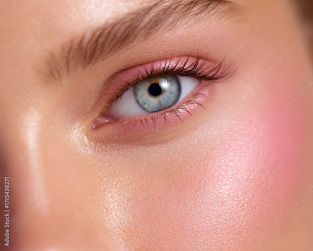 Fototapeta premium Satin Skin Editorial Portraits with Watercolor Blush, Glossy Glow, and Radiant Makeup for Skincare, Beauty Ads, and Aesthetic Branding – Close-Up of Bright Blue Eye with Natural Makeup and Rosy Cheeks