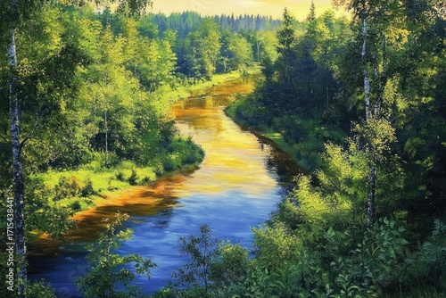 Sunlit river winding through dense lush green forest under clear sky, peaceful and vibrant natural landscape