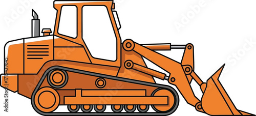 Illustration of an orange tracked front loader excavator construction vehicle in action on a vector