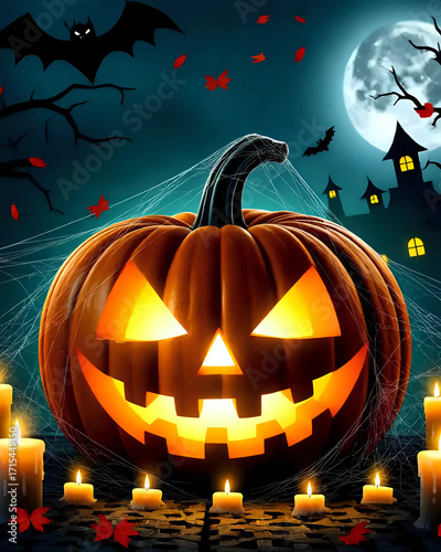 illustration d'une citrouille sculptée pour halloween dans un bois hanté avec des fantômes