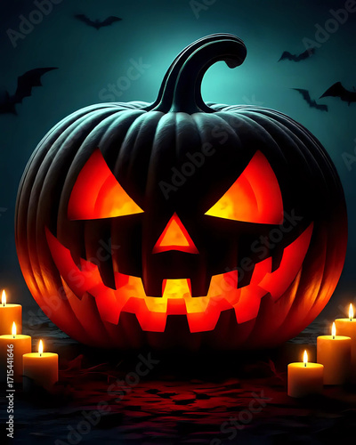 illustration d'une citrouille sculptée pour halloween dans un bois hanté avec des fantômes