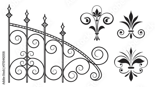 Ornate black wrought iron fence and decorative elements