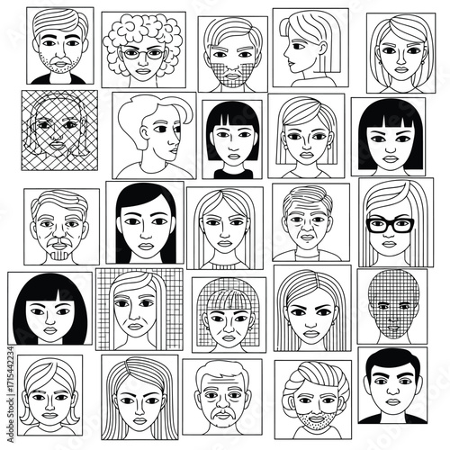 Vector art of black and white illustration of diverse people faces in a grid