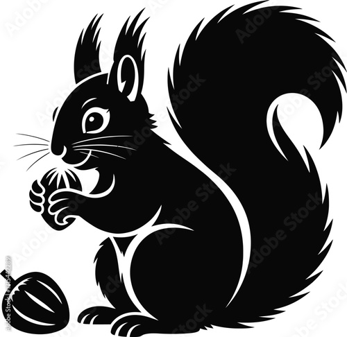 Black squirrel holding nut vector silhouette acorn