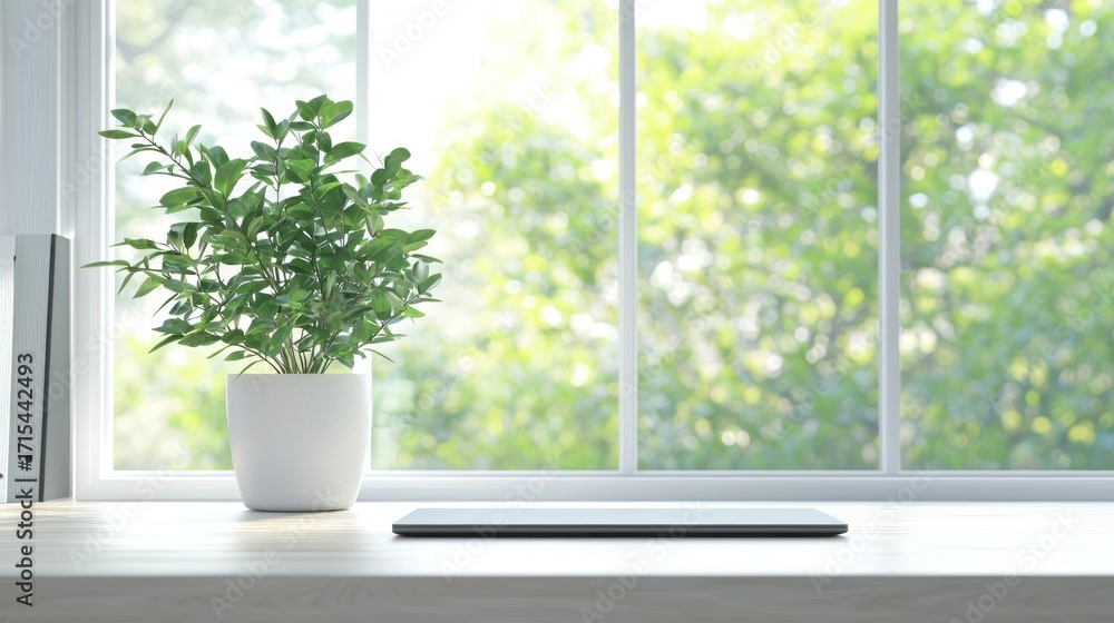 Fototapeta premium Windowsill plant tablet display