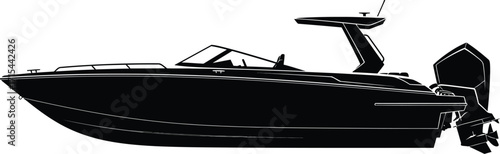 Sleek modern speedboat silhouette with outboard motor for water sports and leisure travel vector