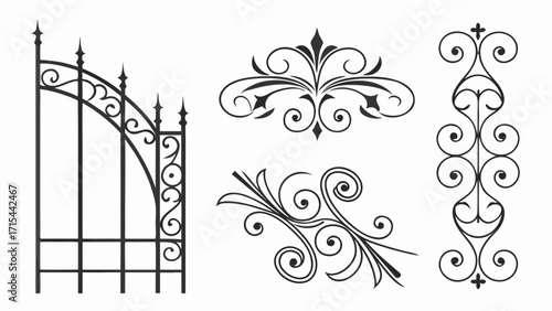 Ornate wrought iron decorative elements and gate section