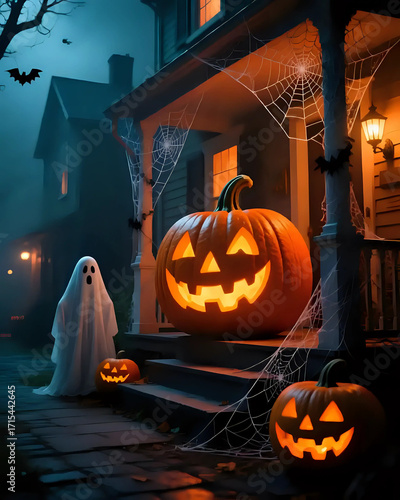 illustration d'une citrouille sculptée pour halloween qui se situe sur le perron d'une maison hantée