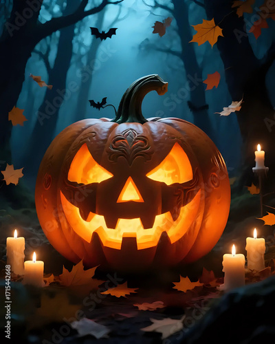 illustration d'une citrouille sculptée pour halloween dans un bois hanté avec des fantômes