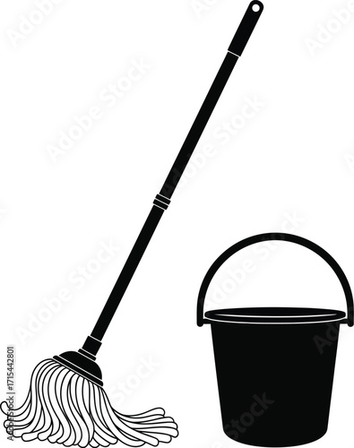 Vector silhouette cleaning mop and bucket tools for household chores and sanitation concepts vector