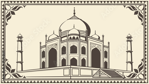Stylized taj mahal illustration with decorative border