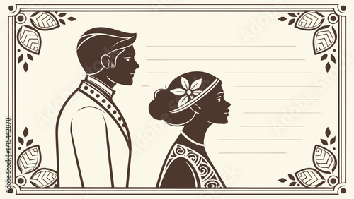 Elegant couple silhouette in decorative frame with lined space
