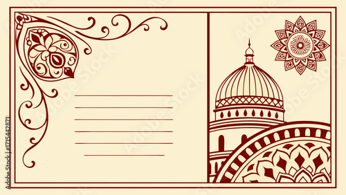 Ornate islamic postcard design with dome and floral motifs