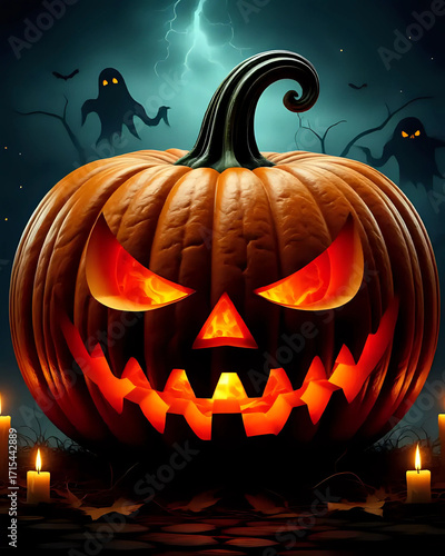 illustration d'une citrouille sculptée pour halloween dans un bois hanté avec des fantômes