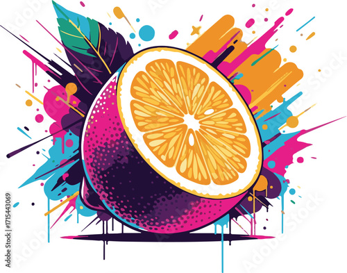 Vibrant Orange Slice with Abstract Colorful Splashes