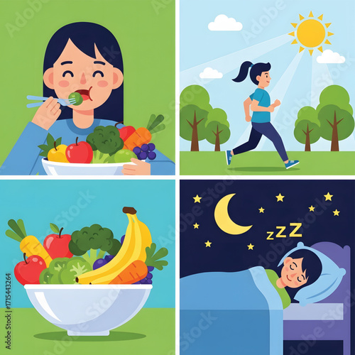 Illustrations depicting a healthy lifestyle with a woman eating nutritious food, jogging outdoors, and sleeping soundly, alongside a bowl of fresh produce.