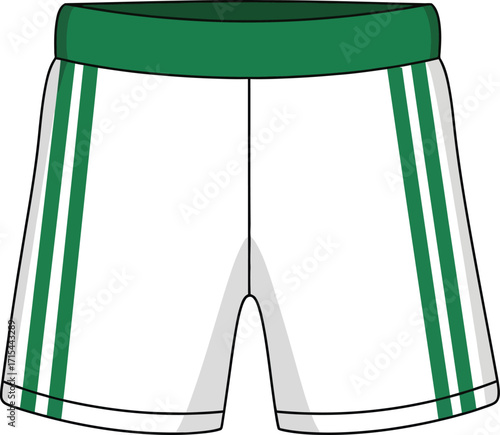 White athletic shorts with green stripes and waistband for sports fitness and training apparel mockup vector