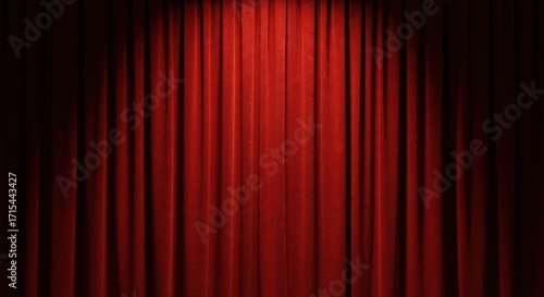 Curtain: Rich, crimson theater curtains hang gracefully, illuminated by a single spotlight, creating a dramatic and theatrical atmosphere.