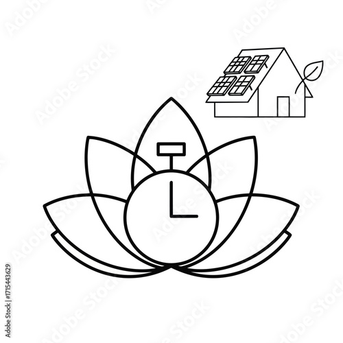 Vector art of lotus flower with clock and house with solar panels, symbolizing time and ecofriendly living
